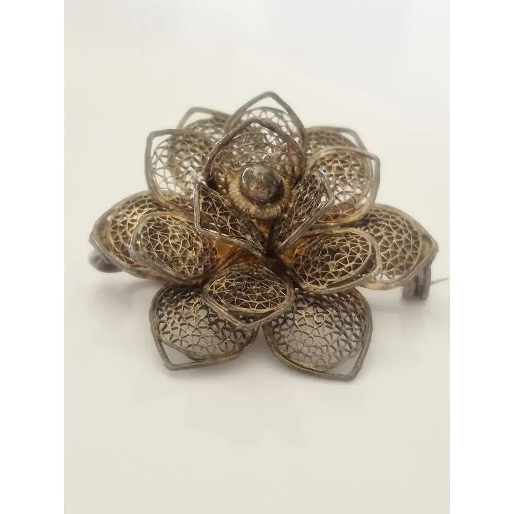 Vintage Filigree Silver-tone Flower Brooch